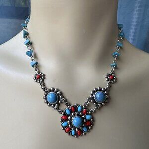Vintage Southwestern Statement Floral Necklace 15 Inch Faux Turquoise Coral Boho